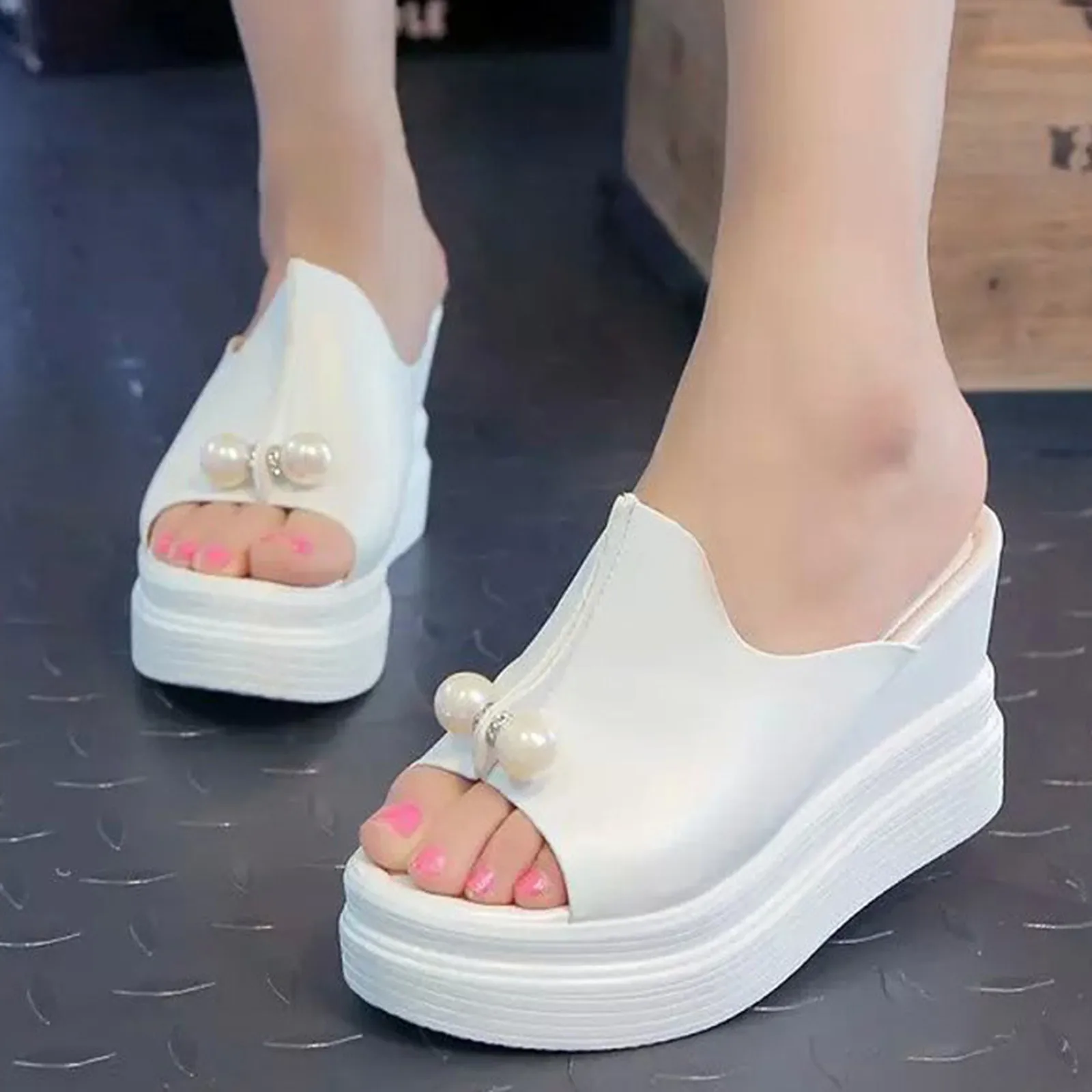 

SAGACE Women Platform Shoes Ladies Slippers Thick-Bottom Solid Pearl Waterproof Wedge Sandals Women Summer Flip-Flops Beach Shoe