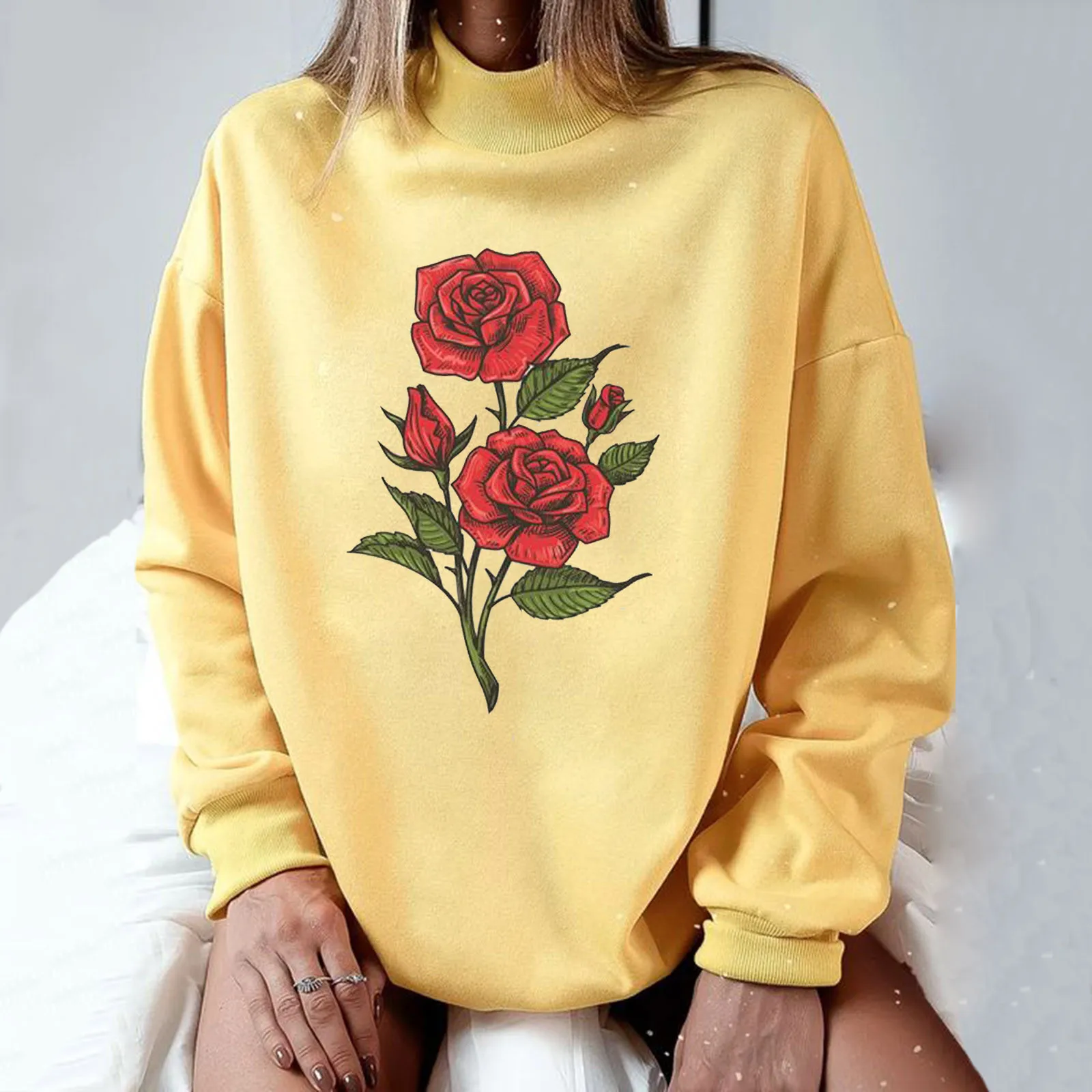

In Stock Women‘s Sweatshirts Yellow Vintage Flower Printed Turtleneck Casual Loose Athletic Sweatshirts Female Pullover Tops#8