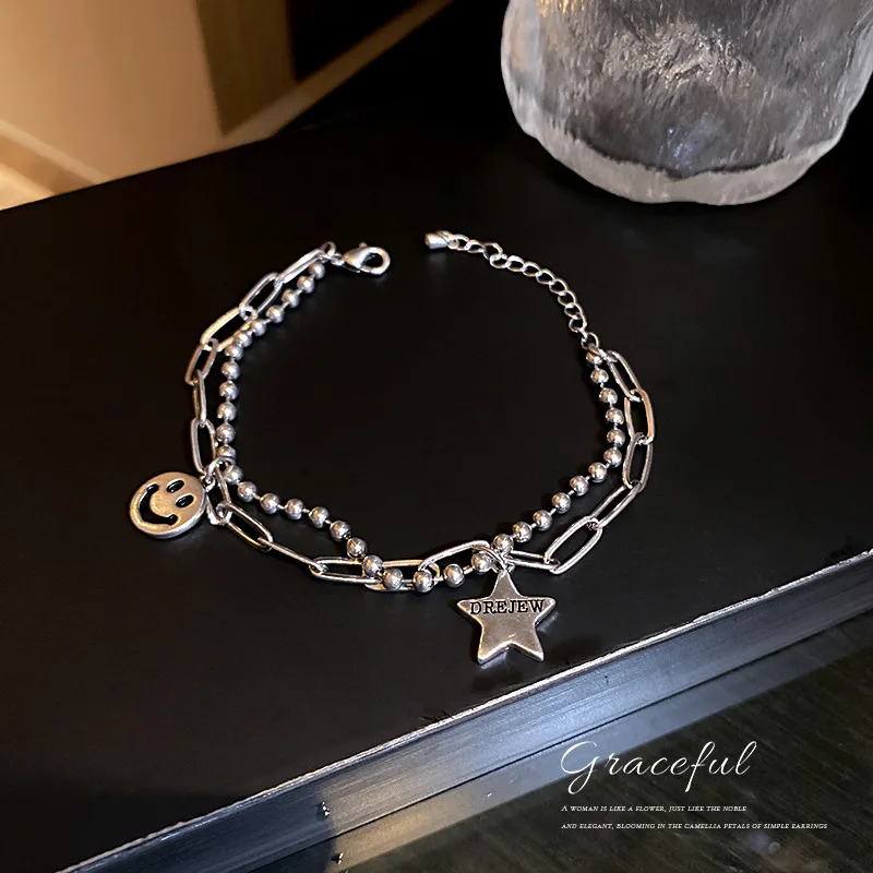 

Star Double Layer Bracelet With Smiley Face, Personality And Cool Style Design, Fashion And Simple Jewelry For Ladies And Studen