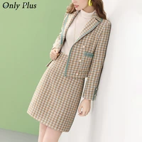 only plus plaid tweed set suit two set winter office lady casual french fashion woman skirts 2021 tweed suit woman clothes