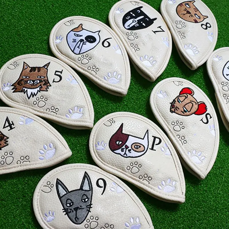 

9 Pcs Portable Golf Club Headcovers Cute Cartoon Cat Pattern PU Waterproof Fairway Hybrid Putter Cover Set Vintage