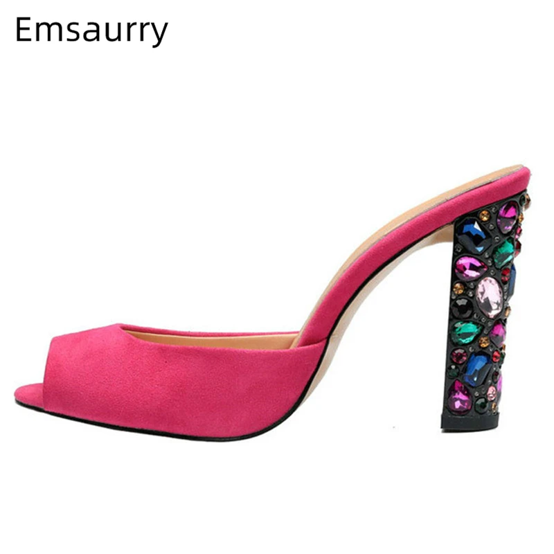 

Chic Colorful Diamond High Heel Sandals Women Sexy Peep Toe Luxury Suede Rhinestone Runway Mules Lady Summer