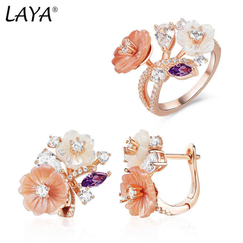 

Laya 925 Sterling Silver High Quality Zircon Natural Shell Flower Clip Earrings Ring Sets For Women Fashion Jewelry 2021 Trend