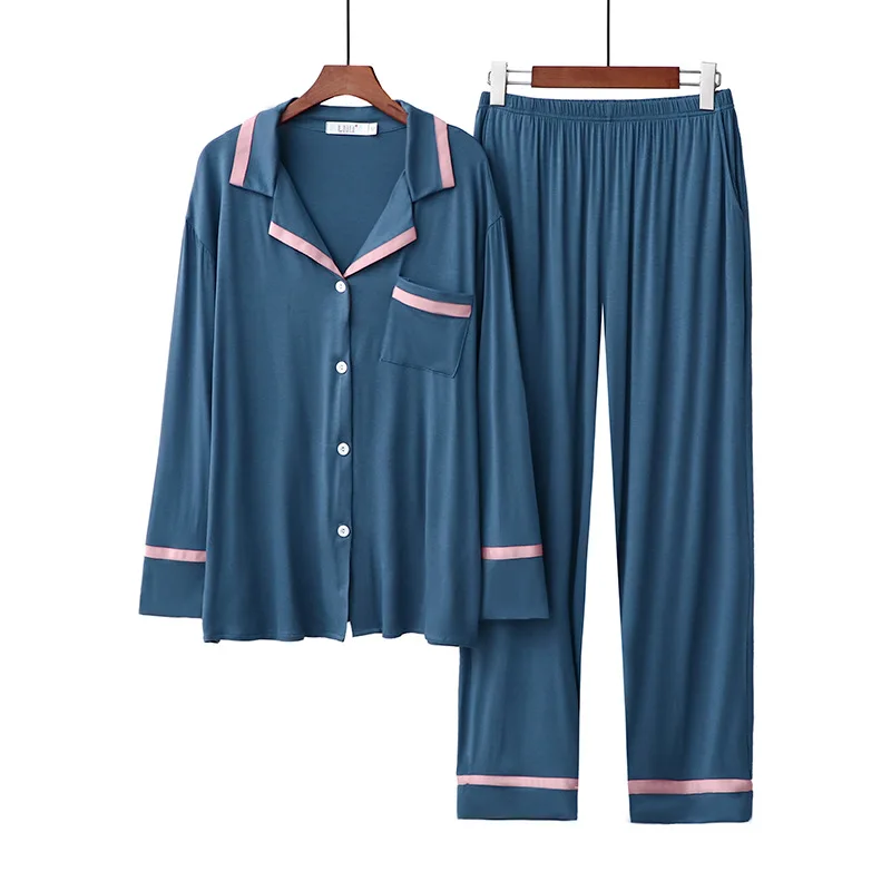 

New Pajama Modal Korean Version Women's Lapel Cardigan Pants Long Sleeve 2PCS Loose Home Clothes Pijama Femme Hiver Sleepwear