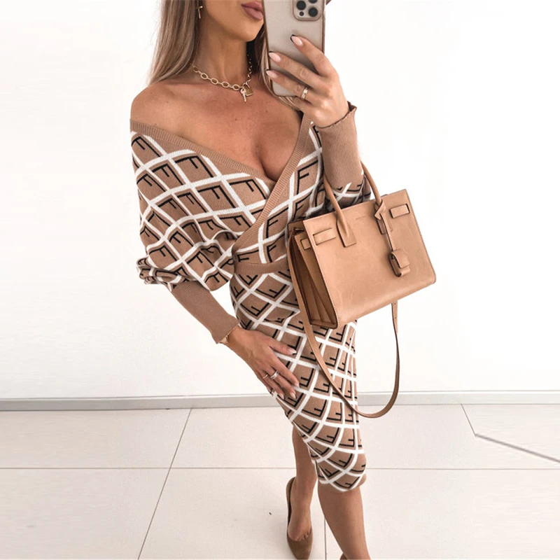 

2022 Ladies Fashion Vintage Print Long Sleeve Dress Women Spring Sexy V-Neck Slim Party Dress Elegant Wrap Back Hollow Out Dress