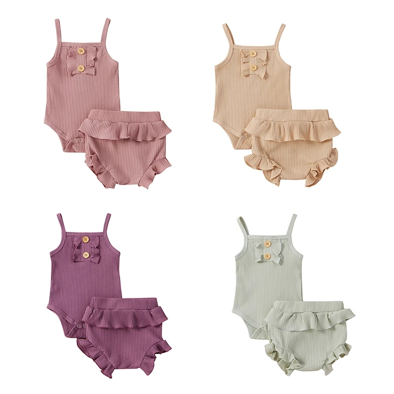 

Baby Girls Romper Clothes Set Summer Infant Newborn Cute Hanging Sling Shorts Two-piece Set Outfit Solid Color