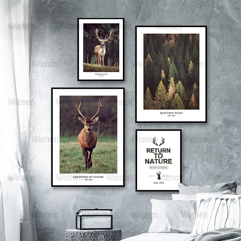 

Настенная Картина на холсте с изображением леса, оленя, животных, скандинавский пейзаж, плакат, декоративные картины, Декор для дома