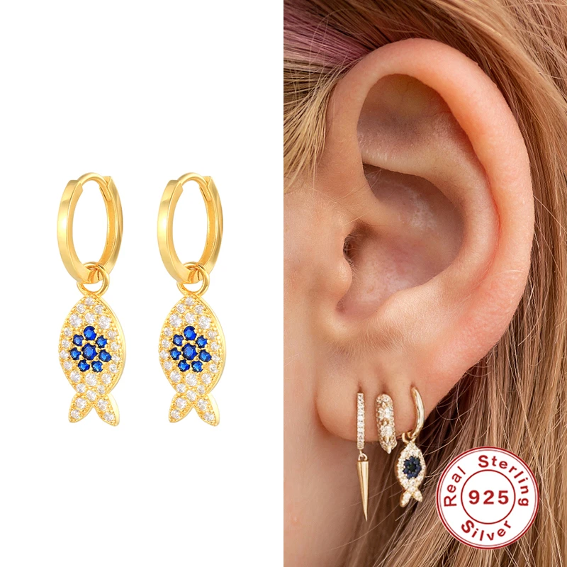 

GS 925 Sterling Silver CZ Zircon Fish Charm Hoop Earrings For Women 2021 Trend Crystal Fish Pendant Circle Earrings Jewelry