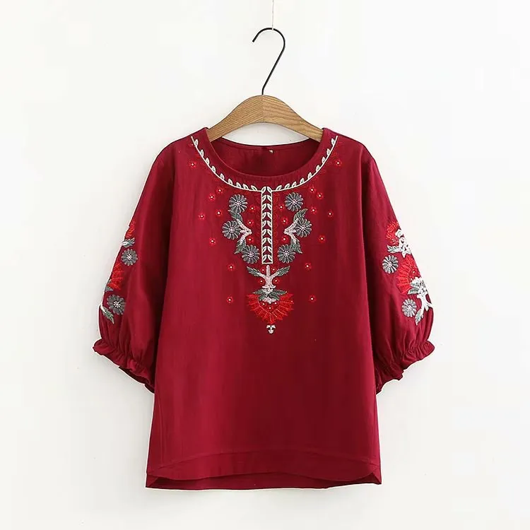 Женская винтажная блузка с цветочной вышивкой Повседневная Свободная пляжная