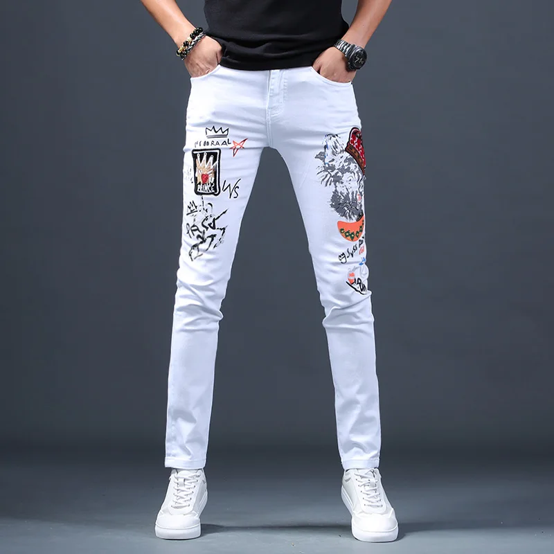 Men Embroidered Printed Jeans Fashion White Cotton Stretch Denim Streetwear Straight Slim Fit Pants