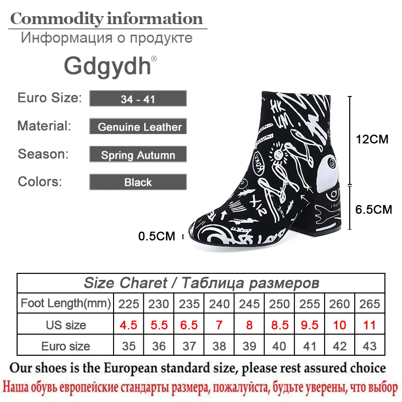 

Gdgydh Sexy Graffiti Women Ankle Boots Leather Suede Chunky Heels Boots Female Black Punk Rock Prints High Heels Zipper Spring