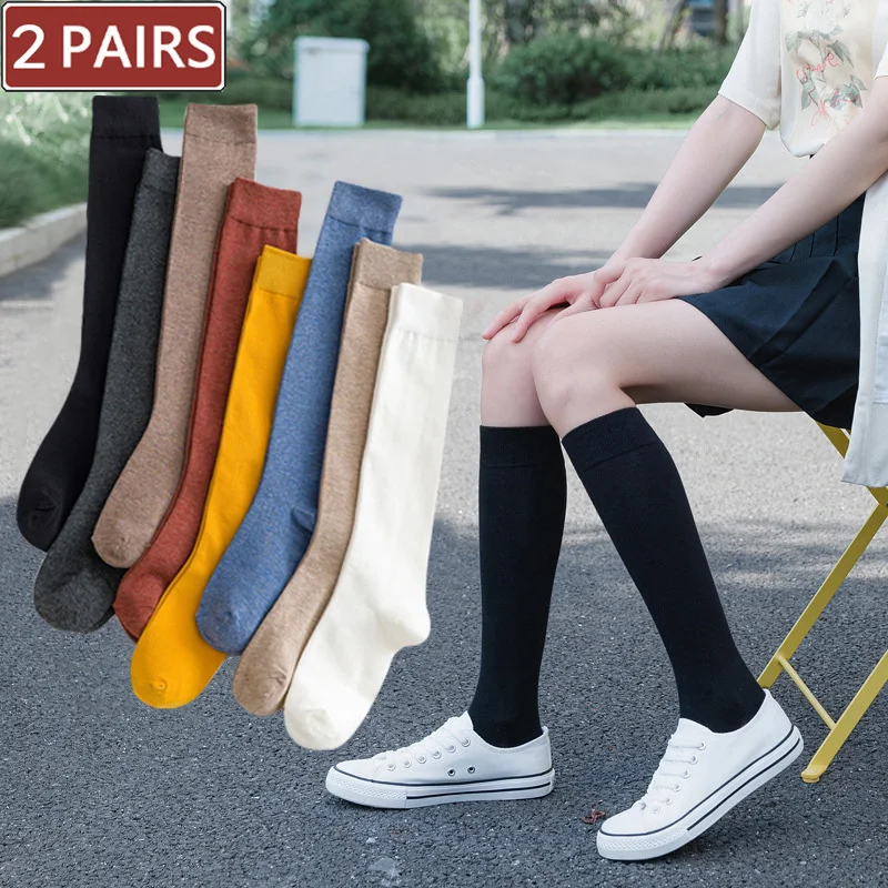 

2 Pairs Women Cotton Knee High Socks Black White Solid color Fashion Casual Calf Sock Female Girl Party Dancing Sexy Long Socks