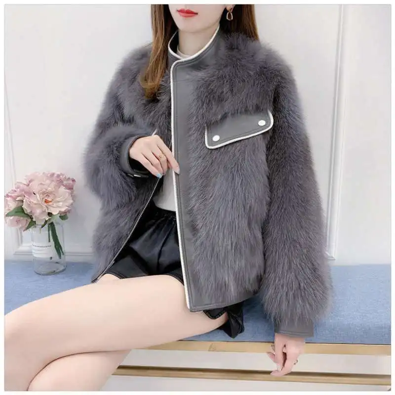 Winter Women Faux Fox Fur Jacket  Elegant Short Zipper Lapel Warm Jacket Fashion Splicing Solid  High Quality Plush Outwear
