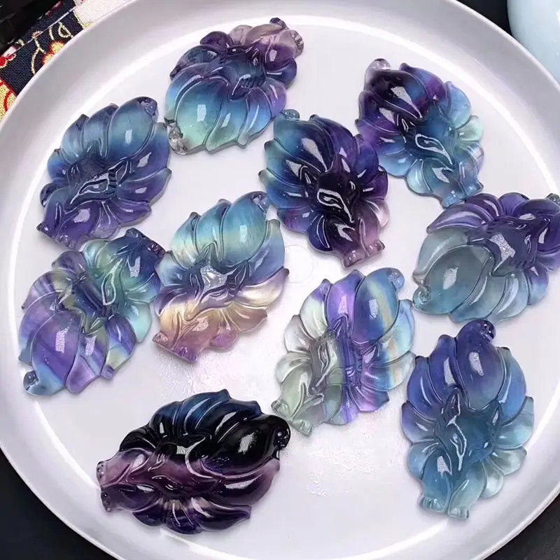 Natural Fluorite Crystal Colorful nine tailed fox quartz pendant hand carved gemstones for gift | Дом и сад