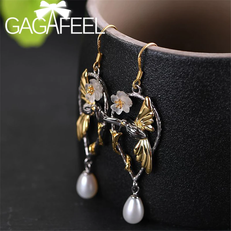 Женские серьги подвески GAGAFEEL золотого цвета с птицами и цветами винтажное