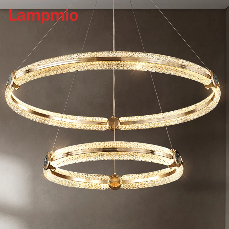 

Golden Chandelier For Living Room 2 Rings Dining Lights Single Round 800MM Lustres 500MM Hotel Hall Project Indoor LightingS