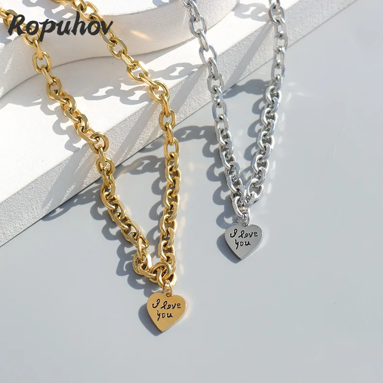 

Ropuhov, новинка 2021, серебристая игла из Кореи, Dongdaemun, с надписью «I Love YOU», Толстая Женская цепочка-ожерелье, титановое покрытие из стали