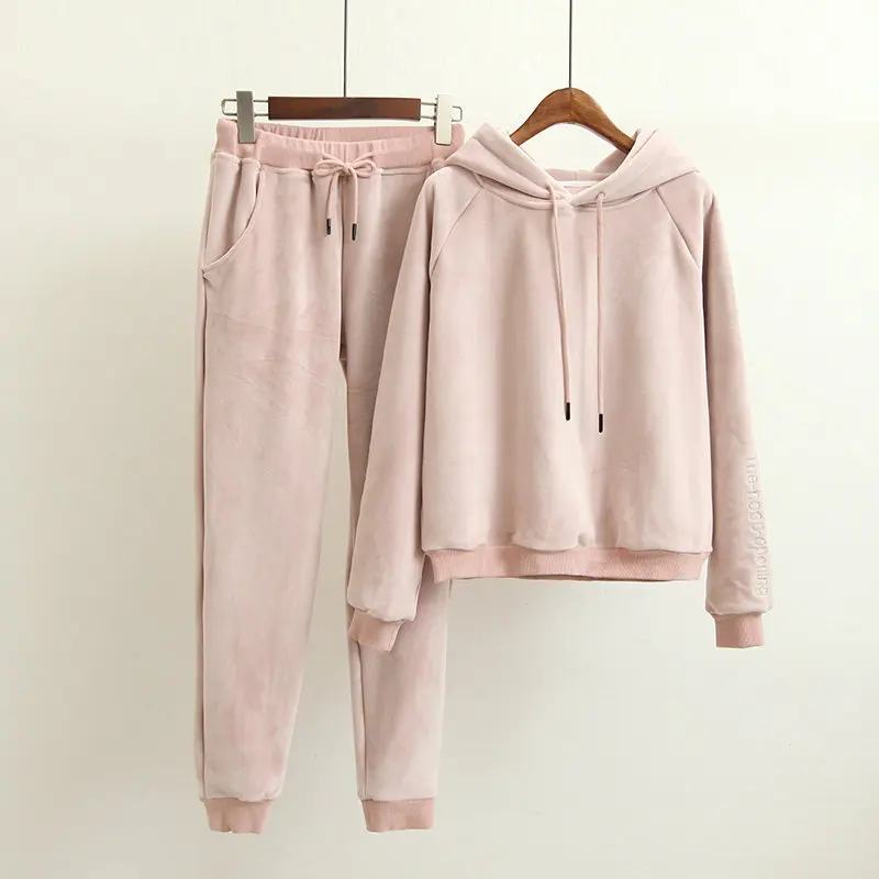 

Two-piece women's plus velvet warmth thin velvet sweater casual pants female sweater hooded female winter lady suit Gold velvet