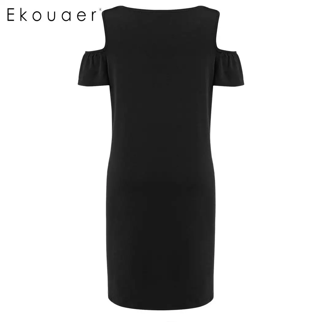 Ekouaer Summer Dreesses Women Plus Size Cold Shoulder Ruffles Sleeve Solid Shift Knee Length Dress L-4XL Sizes | Женская одежда