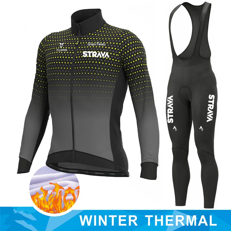 

STRAVA Cycling Jersey Set Winter Thermal Fleece Anti-UV Cycling Bicycle Clothing Keep Warm Mtb Mountain Bike Clothes Cycling Set