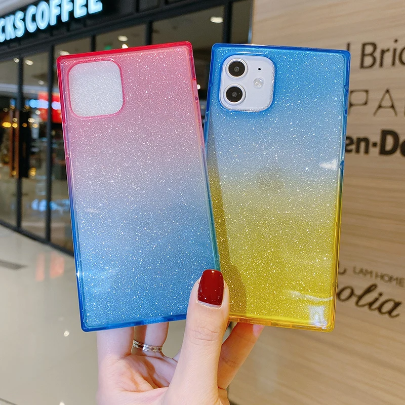 

Luxury Shockproof Bling Bling Phone Case For iPhone 12 11 Pro Max Mini Straight side square TPU Soft For Apple XS XR X Cover