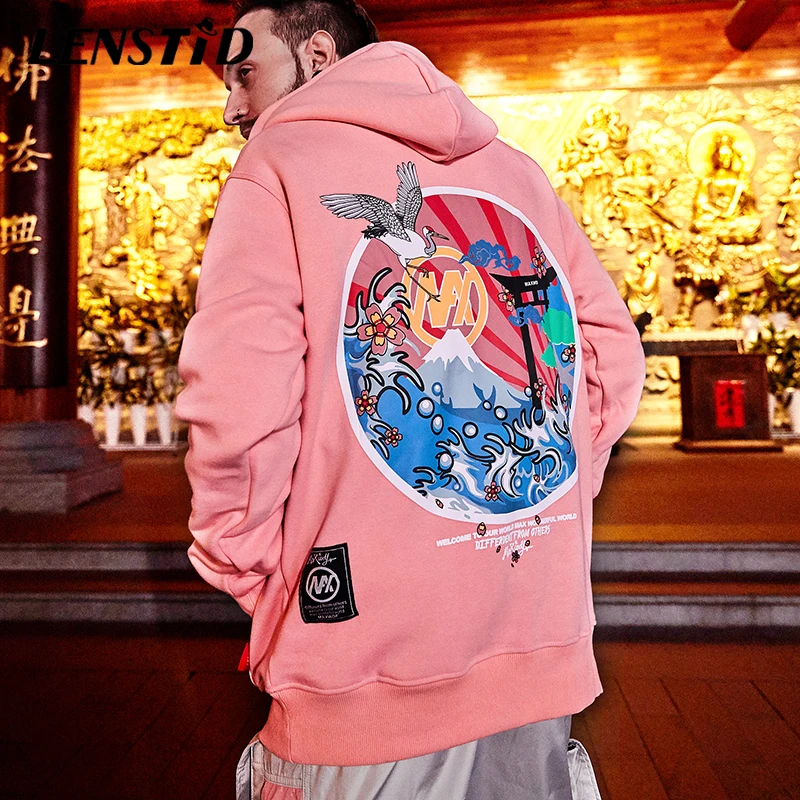 LENSTID Harajuku японские вышитые краны флисовые бархатные зимние утепленные толстовки