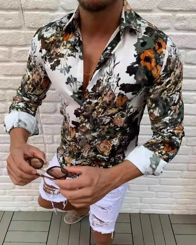 

2020 Long Sleeve Men Shirts Autumn Casual Button-Down Shirts Top Fashion Holiday White Floral Print Business Slim Muscle Tops