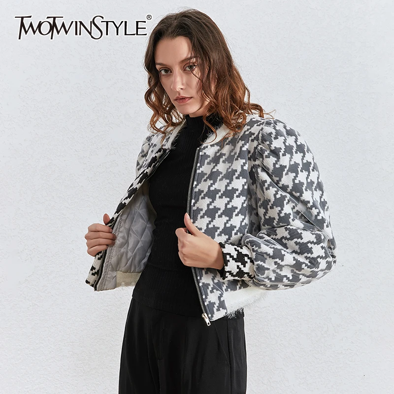 TWOTWINSTYLE Loose Patchwork Mesh Women's Coats O Neck Lantern Long Sleeve Ruched Hit Color Jackets Female Clothing Fashion