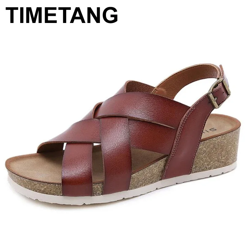 

TIMETANG New Summer Beach Cork Rome Sandals Casual Female Outside Non-slip Cross Belt Cozy Women Shoes