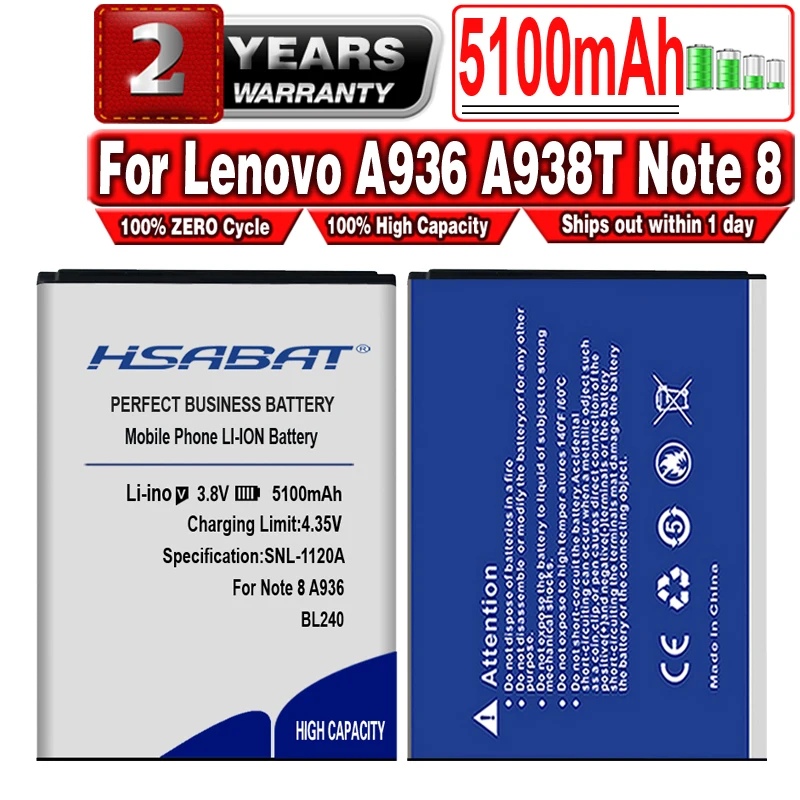 

HSABAT 5100mAh BL240 Battery for Lenovo A936 A938T Note 8 Note8