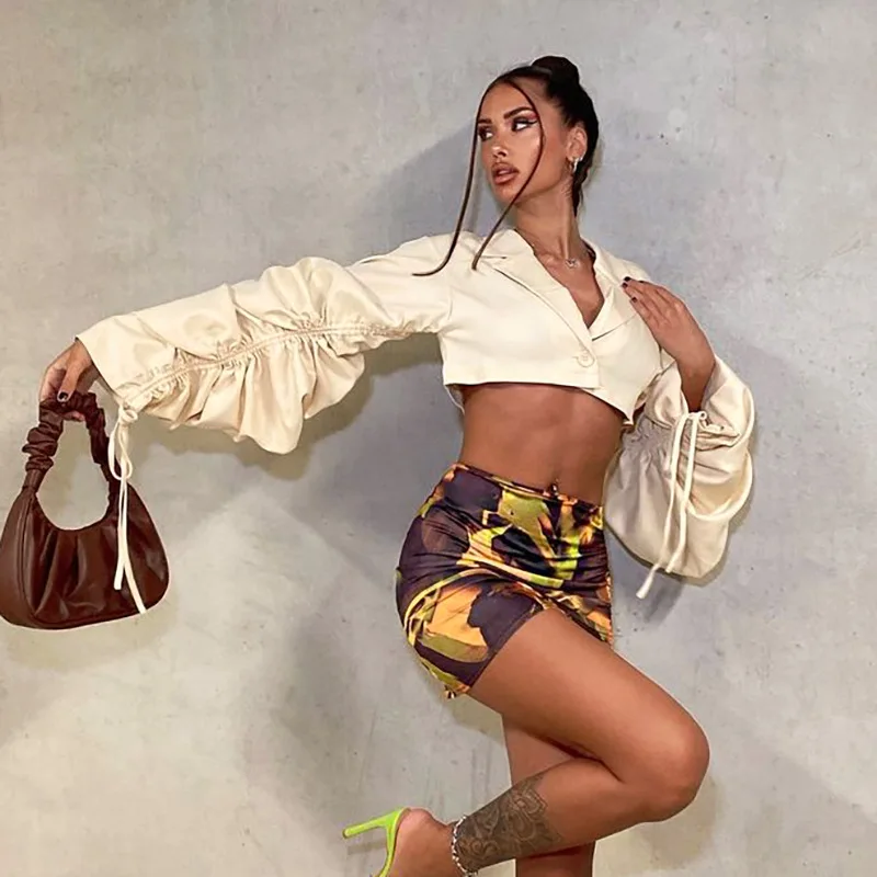 

Puff sleeve Solid Beige Crop Cardigan Patchwork Button Up Turn Down Neck Slim Long Sleeve tops Women Summer Streetwear 2021
