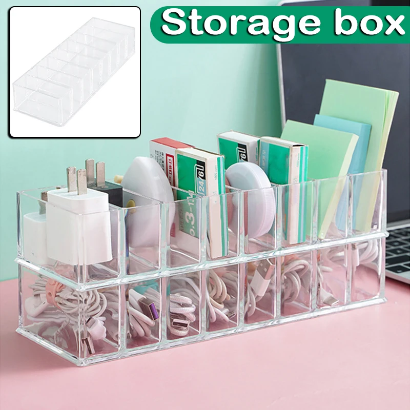 

Desktop Organizer 8 Cells Clear Charging Cable Charger Storage Box Multifunctional Small Items Pins Note Pads Case NIN668