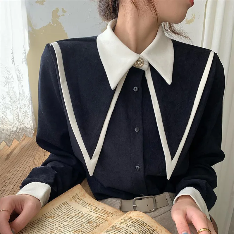 

Doux Style Preppy decontracte chemisier femme manches longues col roule col rabattu fille etudiants ecole vetements coreen 2021