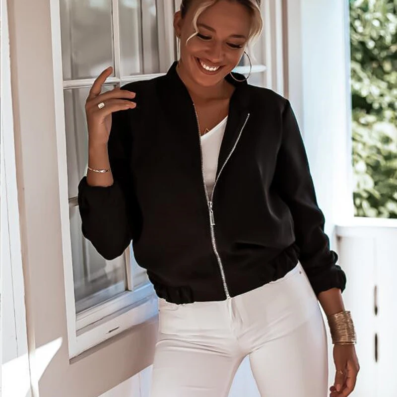 Женская однотонная куртка 2020 осень с длинным рукавом тонкие топы круглым вырезом