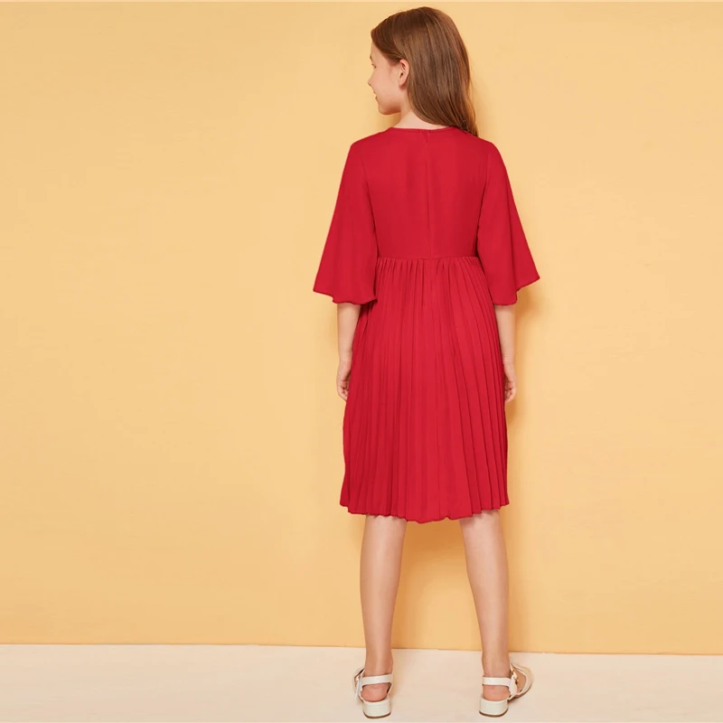 SHEIN/детское однотонное плиссированное платье с завязками спереди для девочек; милое детское платье; коллекция года; Летние Детские платья трапециевидной формы с рукавами-воланами до колена