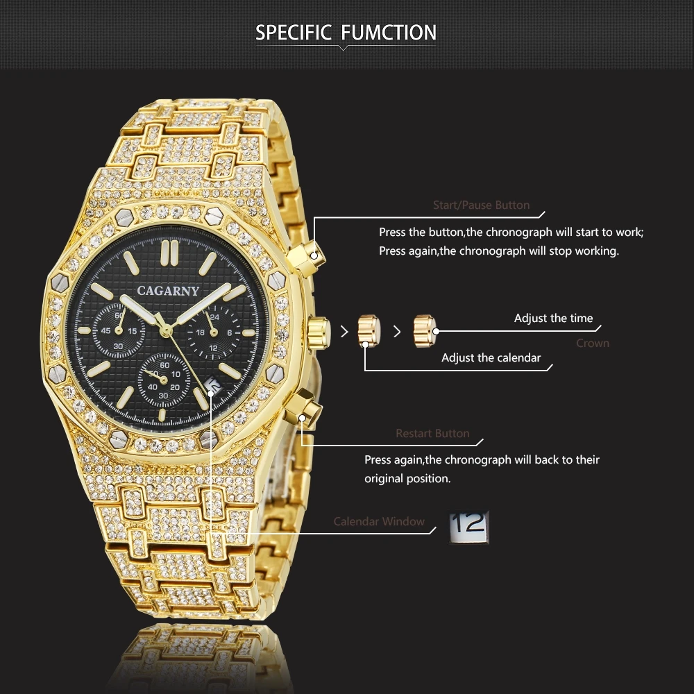 

Cagarny Luxury Fashion Men's Quartz Watch Full Diamond Silver Steel Waterproof Watch For Men's Hip Hop Trend Male Clock Relojes