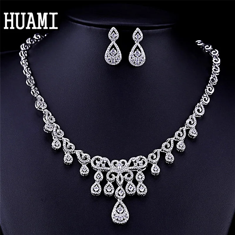 

HUAMI Fine Jewelry Sets Necklace Round Drop Earrings for Women Bridal Wedding Cubic Zirconia Silver Color Banquet Bijoux Femme
