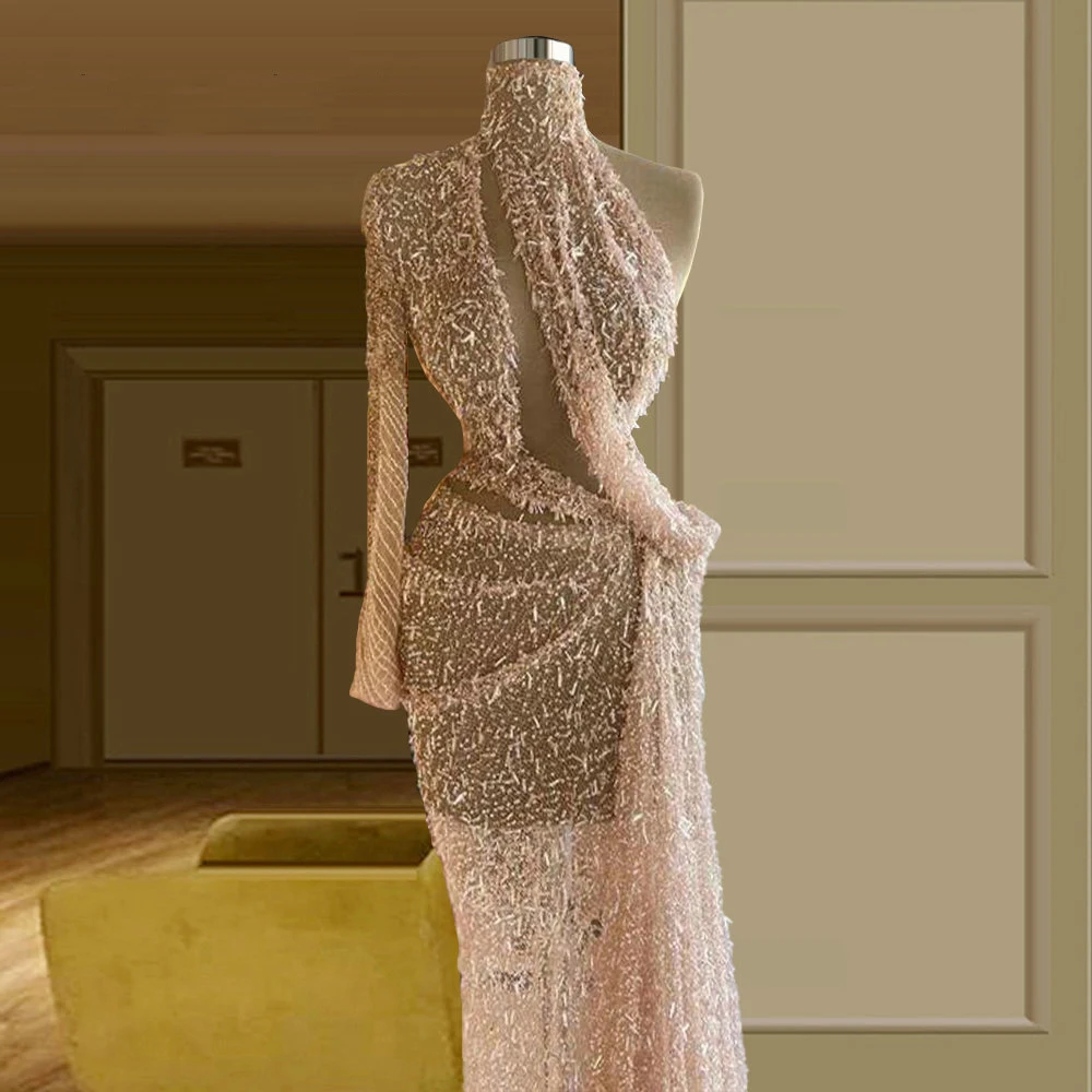 

YILIBER Evening dresses 2021 vintage vlack pearls long sleeves evening gowns beading prom dresses for women short dresses