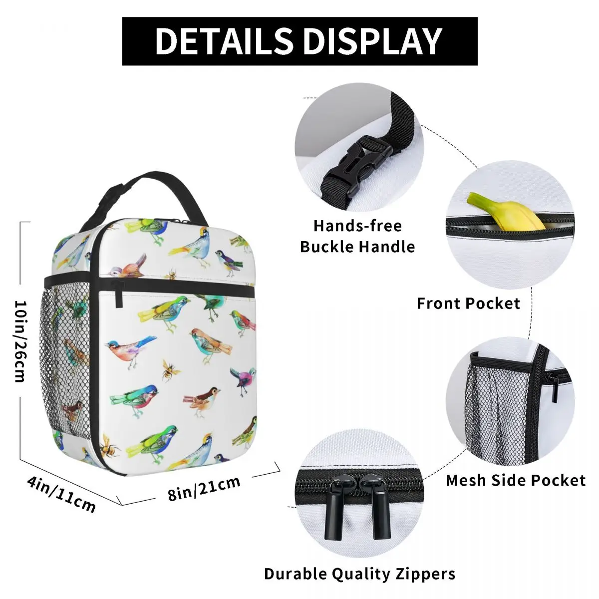

Songbirds And Bee Lunch Bag for Women Men Large Insulated Lunch Box with Water Bottle Holder and Pockets