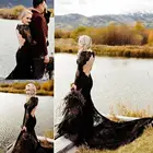 Женское кружевное свадебное платье, черное готическое платье с длинным рукавом, открытой спиной и шлейфом в стиле часовни