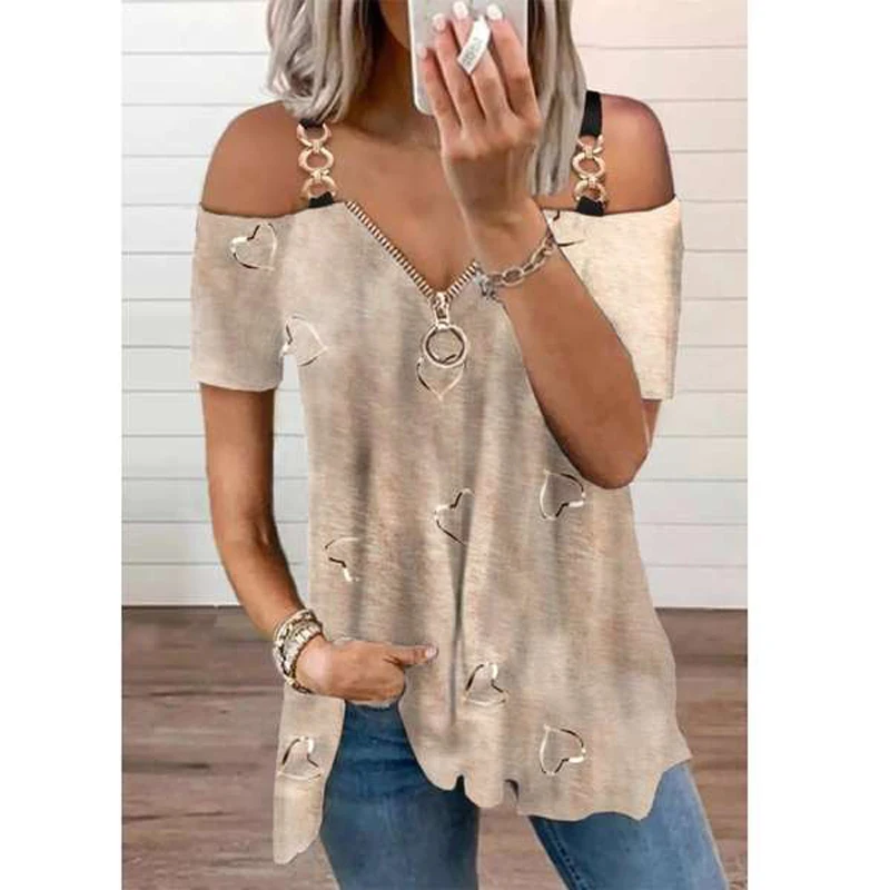 

Blouse Women Sexy Cold Shoulder Heart Print Strap Tops Short Sleeve T-Shirt Top Zipper Neck Summer Vest Casual Blouse