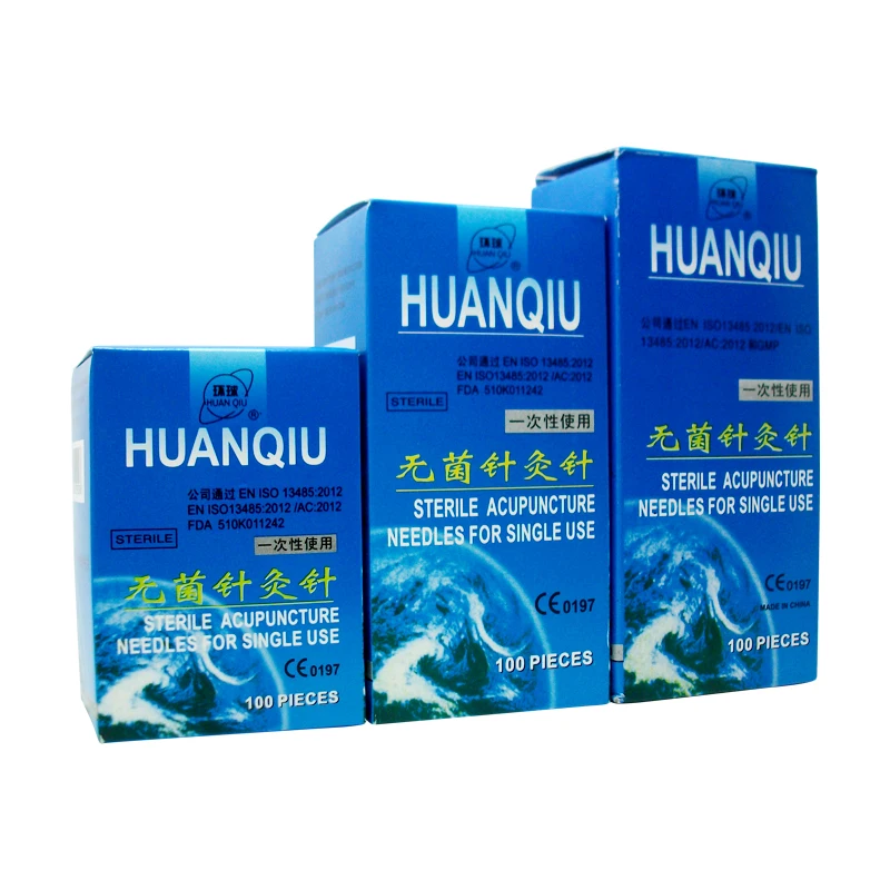 100 иголок для акупунктуры Huanqiu с трубкой, одноразовые, стерилизованные, из нержавеющей стали с плоской ручкой и трокаром.