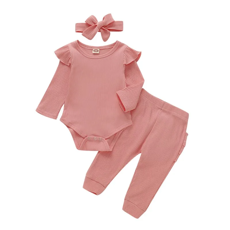 

0-18M 3pcs Casual Newborn Baby Girl Clothes Romper T-shirt Top+Pants Leggings+Bow Headbands Kids Outfit Set Spring Autumn