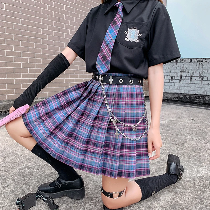 

HOUZHOU Plaid Skirt Women Kawaii High Waist Japanese Style Pleated Skirt Students Uniform Harajuku Cosplay Anime Sailor Suit
