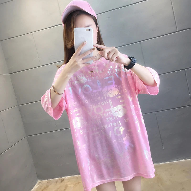 Хип Хоп Футболка большого размера Женская 2020 уличная Harajuku цветная Блестящая