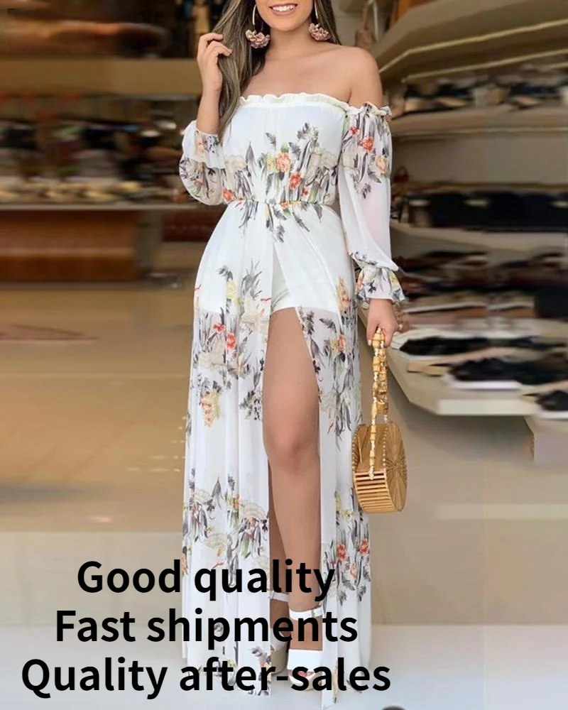 

Elegant Women Floral Print Playsuit Off Shoulder Culotte Design Thigh Slit Romper Ladies Summer Chiffon Jumpsuits