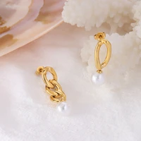 high quality waterproof stainless steel irregular cuban chain imitation pearl stud earrings for women girls fashion jewelry gift