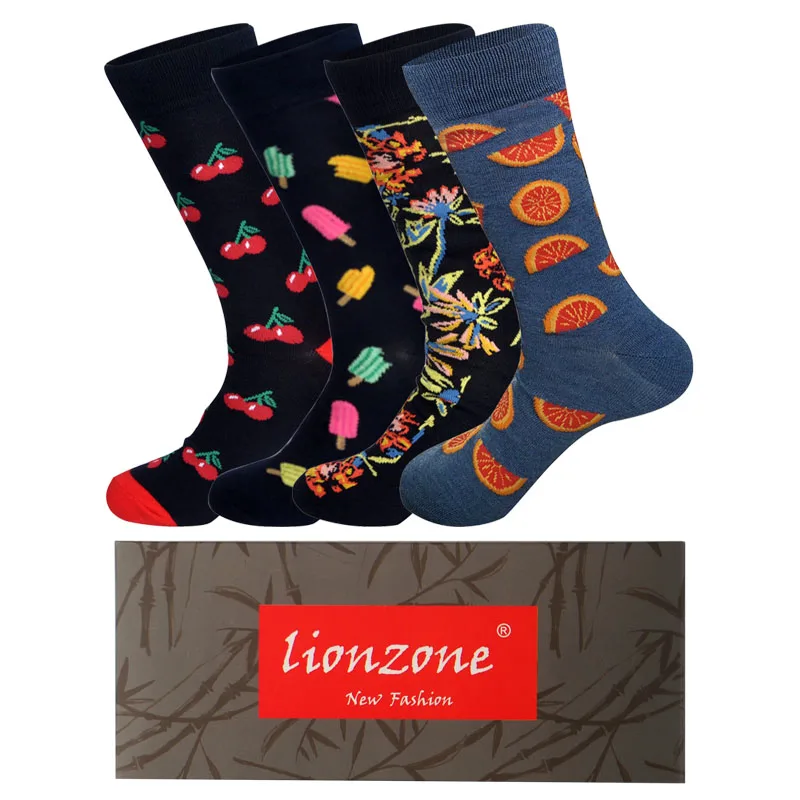LIONZONE, 4 пар/лот, весна, Новое поступление, носки для мужчин, художественный стиль, уличная мода, хип-хоп дизайн, счастливые носки+ Бесплатный подарок - Цвет: C7-Box