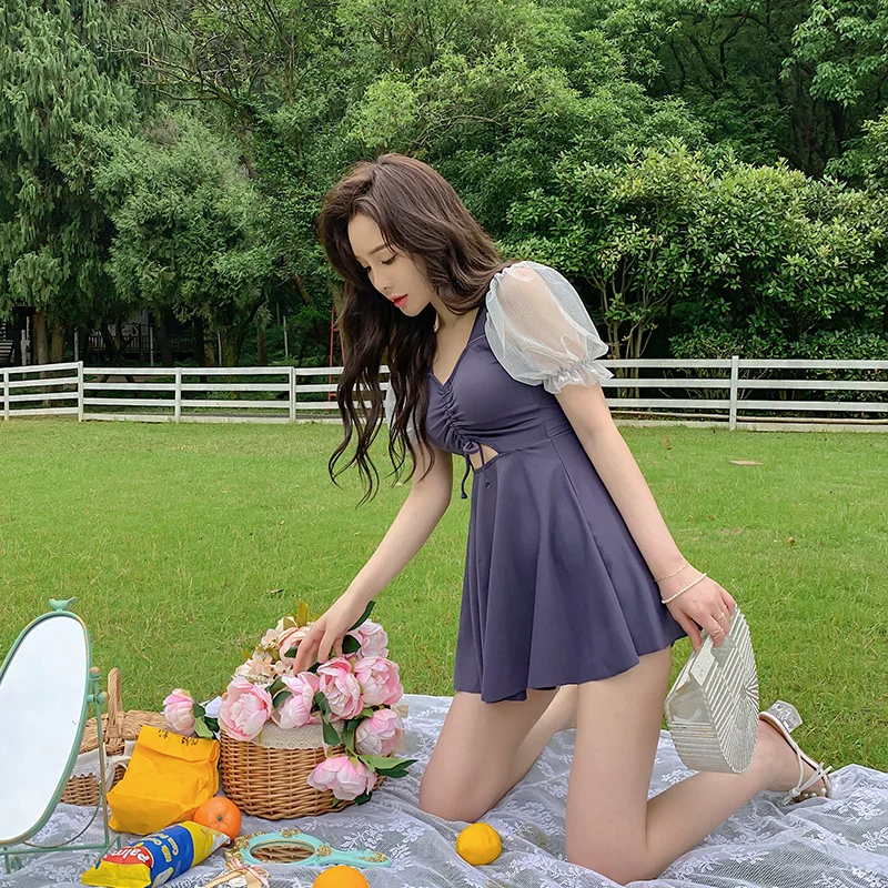 

Цельный купальник, с короткими рукавами, с высокой талией, юбка с подкладкой, женская, открытая спина