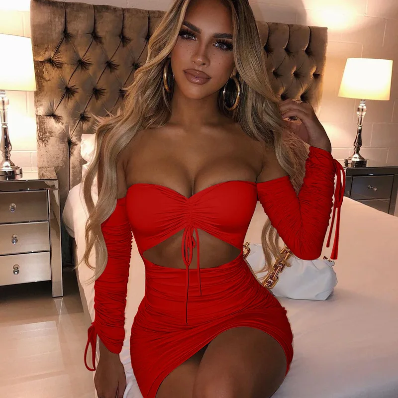 

2021 Women's Clothing Female Off Shoulder Cut Out Bodycon Ladies Black Sexy Long Sleeve Lacing Ruched Party Club Mini Dress